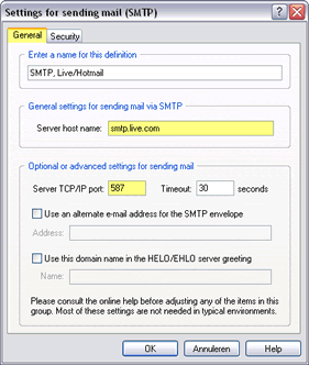 SMTP instelling Live/Hotmail